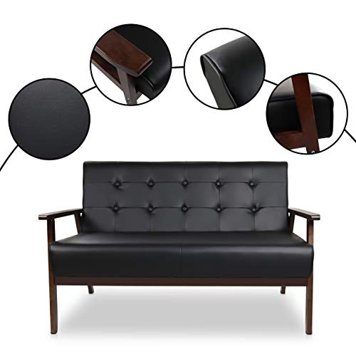 Aodailihb Modern Wooden Leather 2-Seat Sofa, Sleek Minimalist Loveseat, Sturdy And Durable Loveseat Sofa Couch, Home Office Furniture (Black) #TOP5