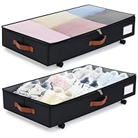 Under Bed Storage with Wheels Set of 2 Packs, Large Underbed Storage Containers with Clear Lid, Wheeled Under Bed Drawers for Blankets, Clothes, Shoe, Bedding, Black