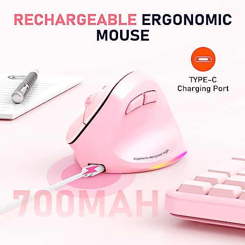 Image of MEETION Ergonomic Wireless Mouse, Bluetooth Vertical Mouse with RGB, Pink | Bluetooth 5.2 /3.0 and USB-A, Comfortable vertical design, 4 adjustable DPI levels for Mac, Windows, Android, PC and tablets