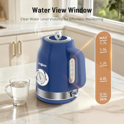 Image of PARIS RHONE Retro Stainless Steel Electric Kettle, 1.7L Cordless Hot Water Tea Kettle with Thermometer, 1500W Fast Heating, LED Indicator, Auto Shut-Off & Boil Dry Protection