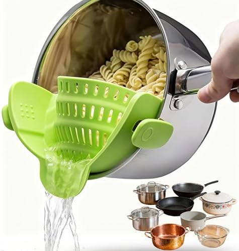 Clip-On Silicone Strainer - Heat Resistant Hands-Free Pasta Drain...
