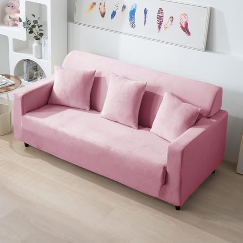 Image of HOKIPO 200 GSM Premium Velvet Series Elastic Sofa Cover 3 Seater, Pink (NEW-AR-4738-PNK)