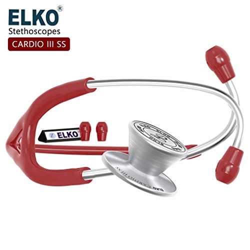 Image of ELKO EL-060 CARDIO III SS Stainless Steel Acoustic Stethoscope | Two-Way PVC Tubing | Double Sided Chestpiece For Adult & Pediatric Patient | Doctors & Medical Students (Red)