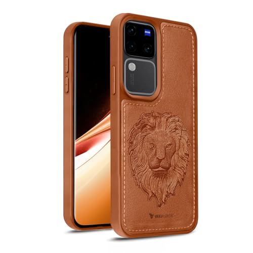 Image of Vaku Luxos️ Lion Embossed Back Cover Case for Vivo V30 5G Premium Leather Stitched Soft Shockproof Protective TPU Phone Case Camera Screen Protector- Brown