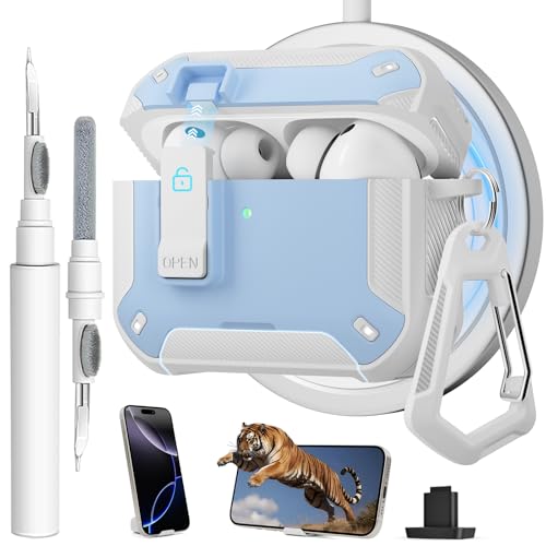 Image of for AirPods Pro 3 Case with Magnetic Lock and Phone Stand, Compatible with Magsafe Charging,with Carabiner&Cleaner kit for Apple iPod Pro 3rd Generation Cover(2025) Men Women (Light Blue)