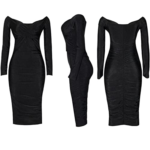 Women's Sexy Deep V Neck Off Shoulder Ruched Bodycon Long Sleeve Midi Dress Evening Party Cocktail Dress4