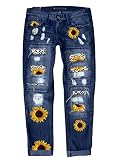 Astylish Women Patchwork Ripped Sunflower Jeans Boyfriend Washed Skinny Stretch Raw Hem Distressed H