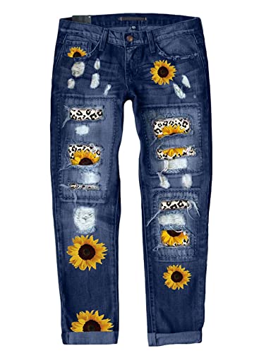Astylish Women Patchwork Ripped Sunflower Jeans Boyfriend Washed Skinny Stretch Raw Hem Distressed Hole Denim Pants #TOP30