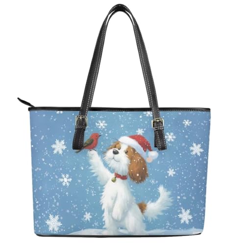 Image of Coldinair Christmas Leather Tote Bag for Women with Zipper Large Shoulder Tote Bag Shopping Casual Travel Bag Handbag Purse