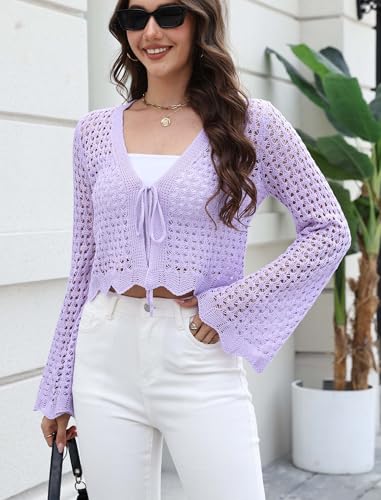 Image of Women's Soft Crochet Tie Front Cardigan Cropped Knit Bolero Shrug Summer Beach Cover Up Top