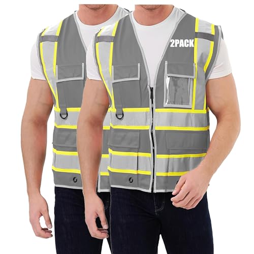SRsafety High Visibility 9 pockets Reflective Safety Vest,Hi Vis Reflective Construction Work Vest for Men Women ANSI/ISEA 2PACK(grey-2, XL)