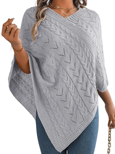 EHSUYAB Women Knit Poncho Sweater, Irregular Hallow Out Cape Top Casual Fashion, Lightweight Knitted Shawl Wraps Fall Winter Light Grey Small