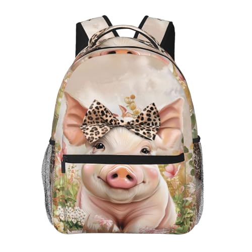 Mochila de porco com laço de leopardo para viagens, trabalho, escola, esportes, presentes, de poliéster durável, leve, acampamento, caminhadas, animais de fazenda e florais, mochila estética para