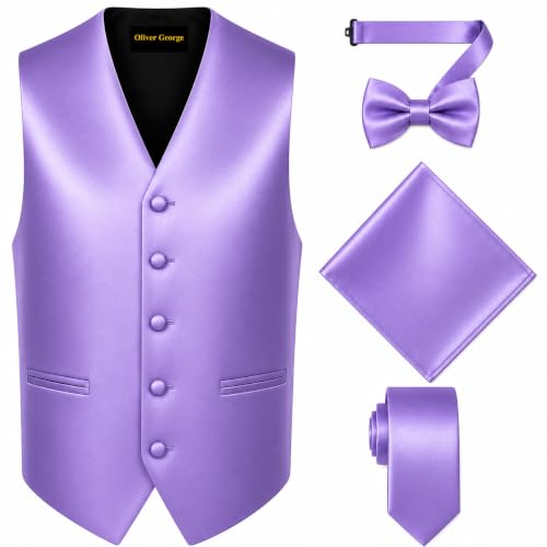 Image of Oliver George 4pc Men's Solid Formal Suit Waistcoat Tuxedo Dress Vest Necktie Bowtie Handkerchief Set for Suit or Tuxedo