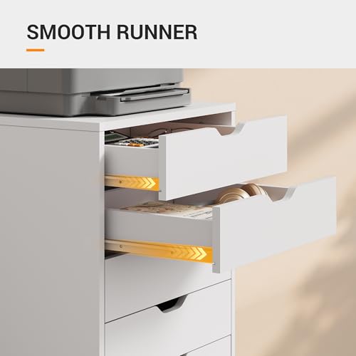 Image of DEVAISE 5 Drawer File Cabinet, Wood Under Desk Drawers Chest Rolling Vertical Filing Cabinet Storage Furniture for Office Home White