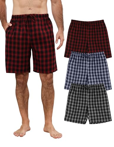 TeJoyce 3 Piezas Pantalones Cortos de Pijama para Hombre Algodón, Shorts de Cuadros para Verano, Suave y Cómodo Pantalón Corto con Bolsillos, Finos y Ligera Bermudas para Dormir (Burdeos, L)