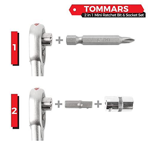 Tommars 1/4-Inch Mini Bit Ratchet Wrench Set, Mini Ratcheting Wrench Set Inl. S2 Screwdriver Bits And Cr-V Sockets #TOP2