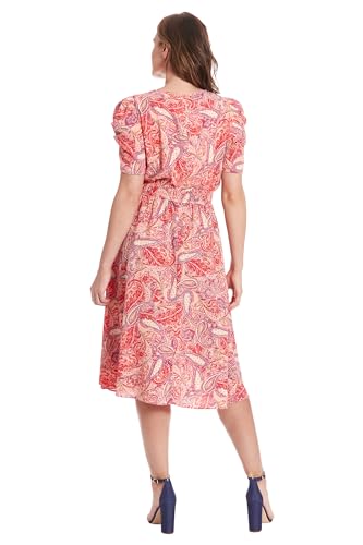 Image of London Times Women's Caterpillar Puff Sleeve Midi Dress - Gathered Waist A-Line Flowy Summer Dress