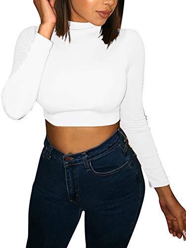 LAGSHIAN Basic Long Sleeve Crop Top, Women's Turtleneck Sexy Casual Top White