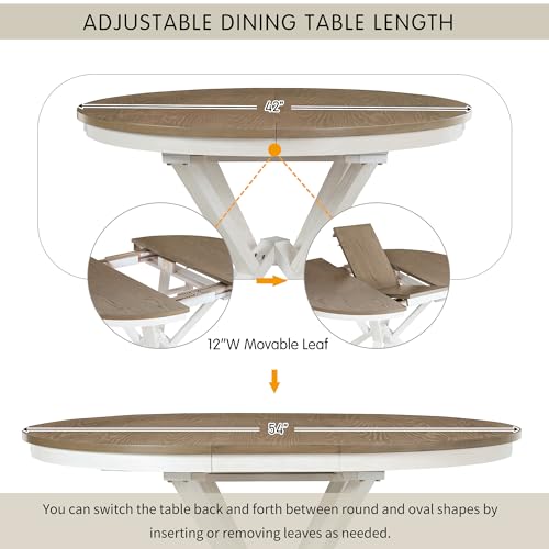 Image of 5-Piece Extendable Dining Set, Retro Kitchen Table for 4 6 People with Removable Middle Leaf and 4 Upholstered Chairs, Round Dining Table for Kitchen, Dining Room, White Brown
