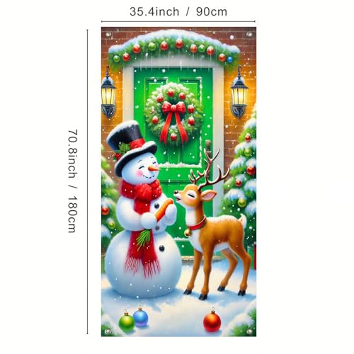 Image of BlissYard Christmas Door Cover Green Snowman 35x71 Inch Polyester
