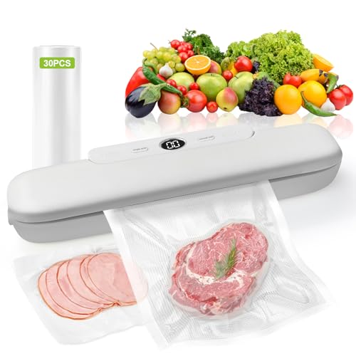Foyucool Envasadora al Vacío Doméstica con 30 Bolsas, Máquina de Vacío para Alimentos, Sellado Simple y Automático, Perfecta para Conservación y Comida Preparada, Blanco