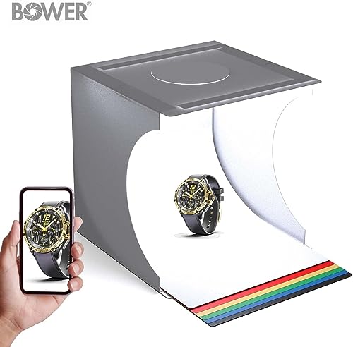 Bower Mini Photo Studio Light Box - 9\" Portable Folding Product Photography Shooting Tent Kit with 2 Bright LED Strips, 6 Double Sided Color Backgrounds