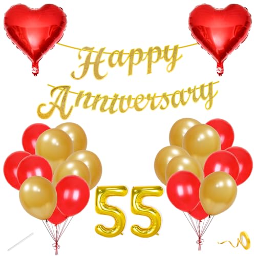 Image of Flyloons 55th Happy Anniversary Decoration Items Red Gold for Men Women Husband Wife Mom Dad Parent Couple Home Bedroom Car With 20 Pcs Metallic Balloons Anniversary Banner 2 Pcs Heart Set Kit