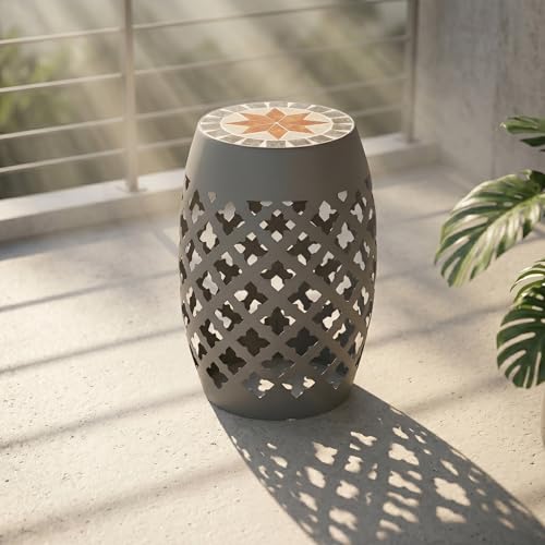 Hollow Drum Ceramic Mosaic Stool, 12" Round, 18"H, Star Gray