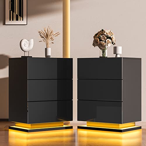 Yilqqper NS-SET-OF-2 Nightstand Set Of 2 With Led, End Tables With 3 Drawers And I Flapping Top Box, Night Stand For Bedroom, Living Room, Modern Tall Bedside Table With High Gloss Panel cover