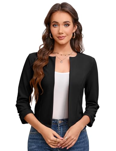 BLUEMING Women’s Open Front Crop Blazer 3/4 Ruched Sleeve Slim Fit Solid Jacket Lightweight Cardigan - Main Image