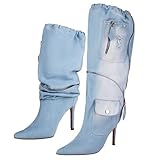 TAEPUSR Women's Stiletto Knee High Boots Denim Pull On Cowgirl Mid Calf Boots Pointed Toe Western Cowboy Boots with Pockets and Zipper Decorate Size 8 Blue
