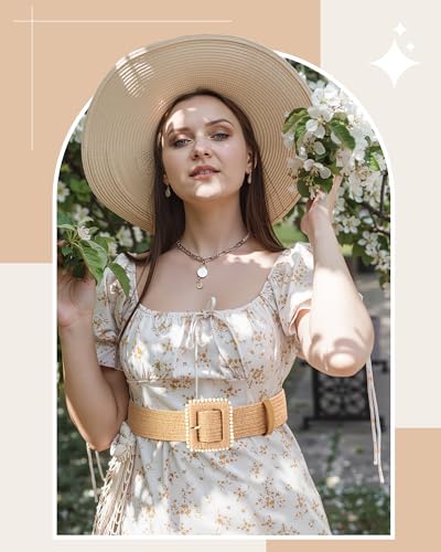 Image of WILLBOND 4 Pcs Women's Elastic Raffia Woven Belt, Boho Rattan Buckle Stretch Straw Wide Waist Belt for Dresses Jeans Pants