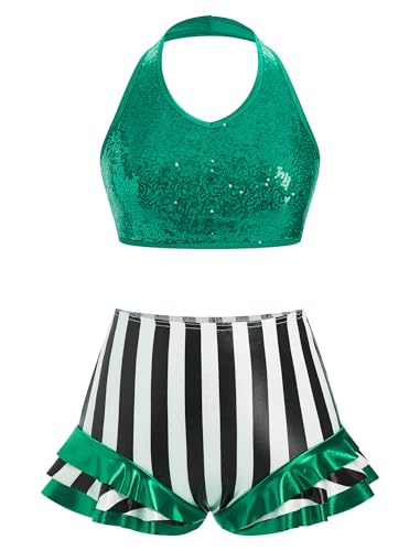 AFAVOM Women Trapeze Artist Circus Acrobat Costume Halter Sparkle Sequin Bra Top + Striped Ruffle Dance Shorts for Stage Performance Dancewear Gymnastics Ballet Leotard Lyrical Dress Outfit Green XS