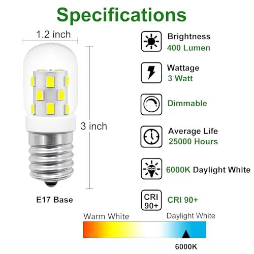 Image of PaeorRorL LED Microwave Light Bulbs Under Hood 40W Equivalent - E17 Base for Whirlpool Microwave Light Bulb, 3W 125V T7 Appliance Oven Light Bulbs for Range Hood,400 Lumens, 6000K Daylight, 2 Pack