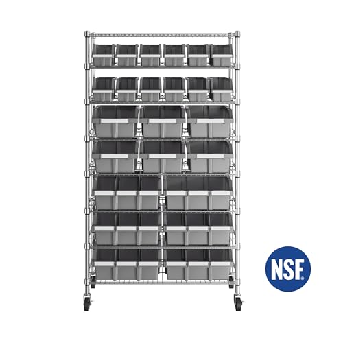 Image of 8-Tier NSF 24-Bin Steel Wire Shelving Rack, 36 inchW x 14.25 inchD x 63.5 inchH, Gray | 24 slide-out bins with tilt-lock design keep supplies organized and accessible