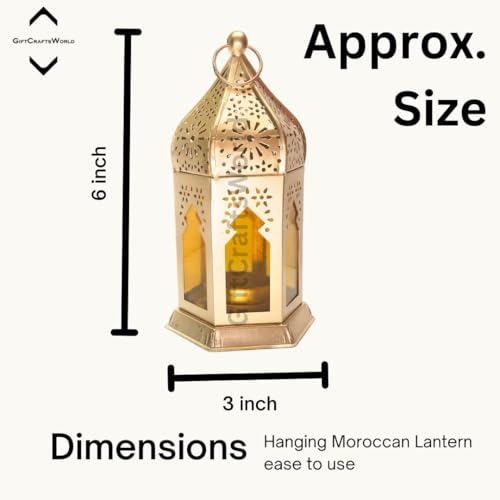 Image of Metal & Glass Elegant Moroccan Lanterns with Lantern Light Lamp and Hanging Lantern Candle Holders for Home Decor Diwali Eid Christmas Festival Gifts (Yellow, Set of 4)