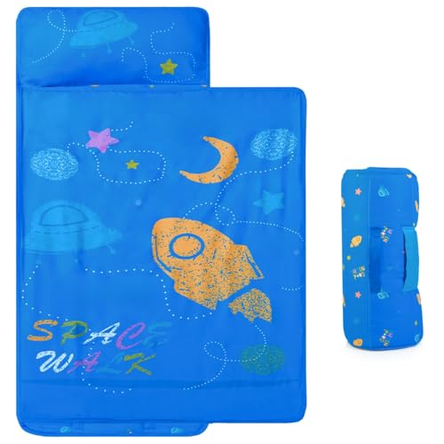 Toddler Nap Mat with Blanket and Removable Pillow, 51'x20' Kids Sleeping Mat, Easy to Roll Up, Lightweight and Portable Slumber Bag for Preschool Kindergarten Daycare Travel Camping, Blue