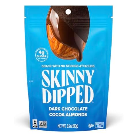 SkinnyDipped Dark Chocolate Cocoa Almonds, Healthy Snack, Plant Protein, Gluten Free, 3.5 Oz Resealable Bag, Pack of 1 Cover