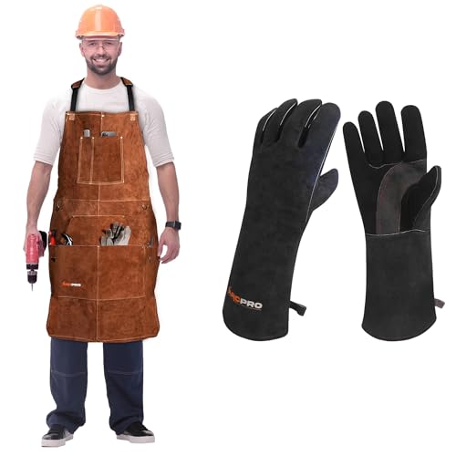 ARCPRO Premium Quality, Heavy Duty Leather Welding Work Apron With 6 Tool Pockets, Heat & Flame Resistant Robust And Durable Welding Gloves – Soft & Flexible 16" Long Welding Gloves For Men Bundle