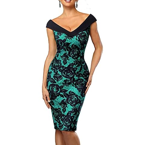HOMEYEE Women's Elegant V Neck Sleeveless Vintage Rose Floral Cocktail Dress B425 (UK 12 = Size L, Green) Cover