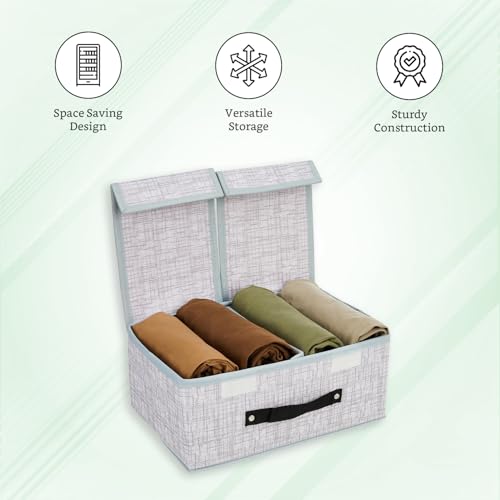 Image of Amazon Brand - Solimo Double Lid Foldable Storage Box | Toys Storage Bin | Wardrobe organizer for Clothes | Front Handle | Stackable Rack | 36 x 25 x 16 cm (Jute Print, Grey)