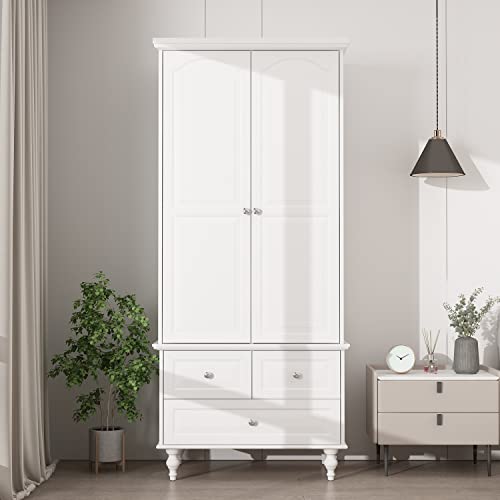 Hitow 2 Door Wardrobe Armoire Closet for Hanging Clothes, Retro Wooden Wardrobe Cabinet with 3 Drawers & Hanging Rod, Bedroom Armoire Clothes Organizer, White Type C (31.5" W x 19.7" D x 70.9" H) Hitow 2 Door Wardrobe Armoire Closet for Hanging Clothes, Retro Wooden Wardrobe Cabinet with 3 Drawers & Hanging Rod, Bedroom Armoire Clothes Organizer, White Type C (31.5" W x 19.7" D x 70.9" H)