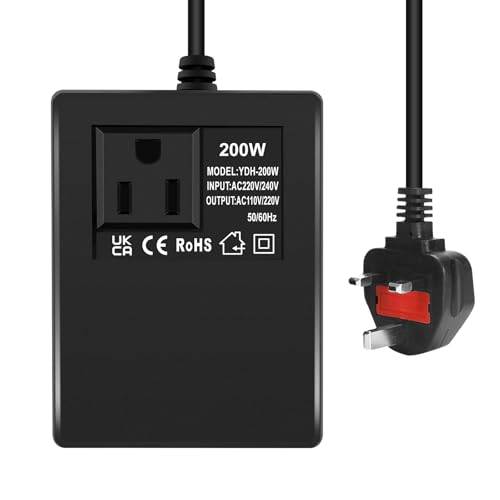 200W Step Down Power Voltage Converter Transformer (UK Plug) 220v/240v to 110v/120v Step Down Transformer US to UK Intelligent Efficient Adapter Travel Power Adapter for WIFI/POS Machine/Power Bank