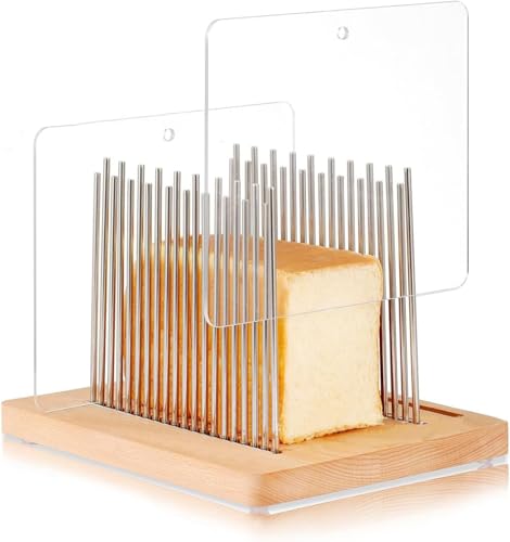 Bread Slicer Guide, Bread Slicers for Homemade Bread with Adjustable Width, Stainless Steel Slicing Guide & Beechwood Board, Foldable Bread Cutter for Bread, Roast, Loaf, Sourdough Rounds, Bagels