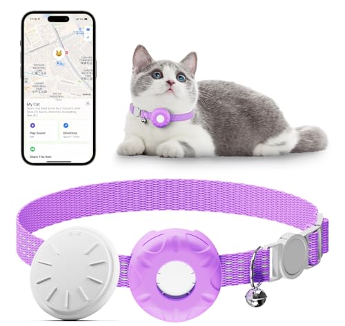 Image of Cat Tracker, Waterproof Pet Tracker for Cats, Cat GPS Tracker Collar with Safety Elastic Buckle, Works with Any Collar, GPS Tracker Compatible with Apple Find My App (Only iOS), No Monthly Fee, Purple