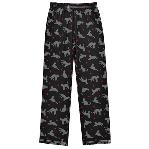 Boy's Lounge Pants Cats Kittens Red Hearts Kids Jogger Pants Elastic Waist Long Bottoms with Pockets 6-14 Years