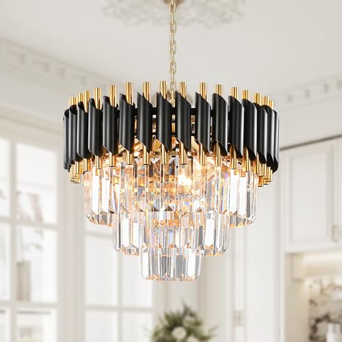 Lámpara de Araña de Cristal Moderna, Negro y Dorado Ronda de cristal colgante de iluminación, 3 Tier Raindrop Chandelier Light Fixture para la sala de estar, comedor, dormitorio, E14 x 5, D40cm