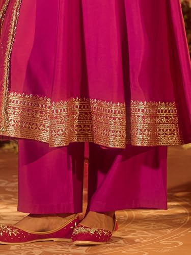 Image of FIORRA Women's Pink Viscose Chanderi Embroidered & Gota Patti Work Ethnic A-Line Kurta Set with Dupatta