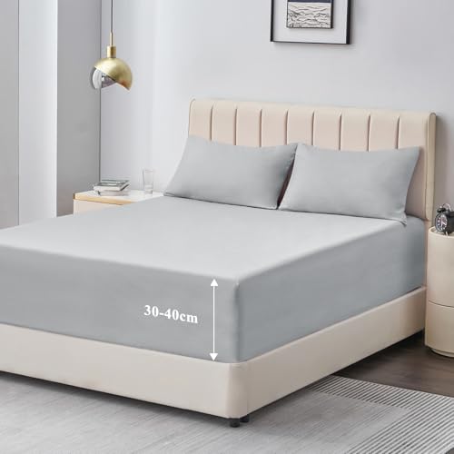 Aisbo Double Fitted Sheet Grey - Extra Deep Pocket Bed Sheet 16 inch 40 cm - Microfiber Bottom Sheet, 135x190cm